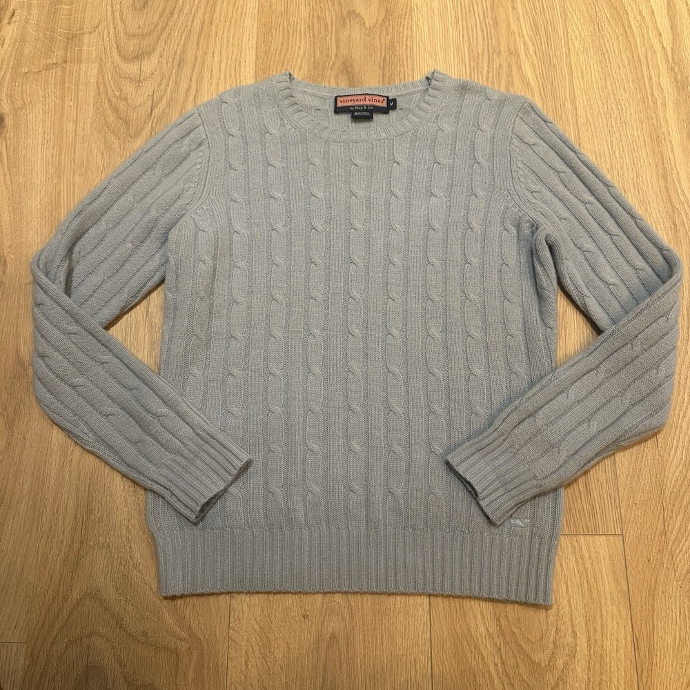 Vineyard Vines Cable Knit Sweater Women's Sz M Blue 100% Cashmere Crew Neck